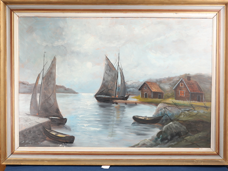 Stig Aspelin (1911-1990), kustlandskap med segelskutor, signerad 1946, olja på pannå, dukmått 60x89 cm_1441a_8dafad941b318ab_lg.jpeg