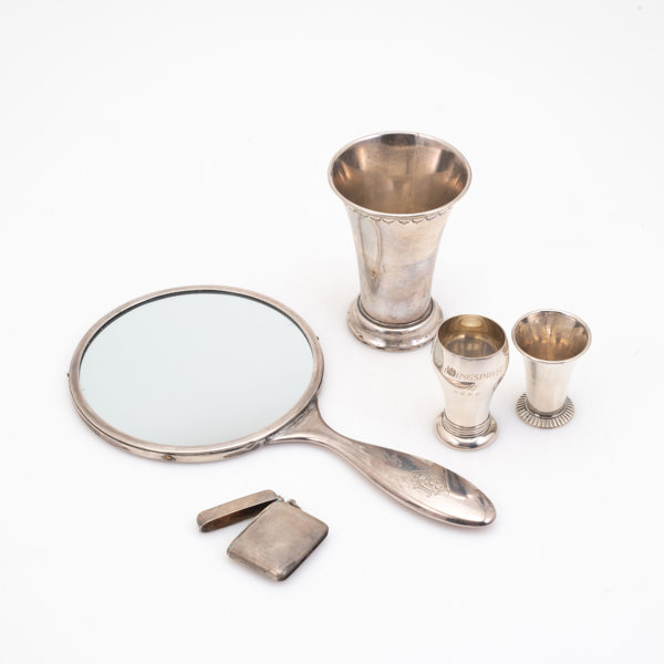 SPEGEL, BÄGARE, TÄNDSTICKSFODRAL, silver