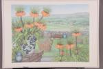 Iris Lövin Lindholm (1923-2013), trädgårdsbild med utsikt, signerad och numrerad 268/360, färglitografi, bildmått 57 x 76 cm