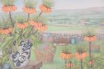 Iris Lövin Lindholm (1923-2013), trädgårdsbild med utsikt, signerad och numrerad 268/360, färglitografi, bildmått 57 x 76 cm