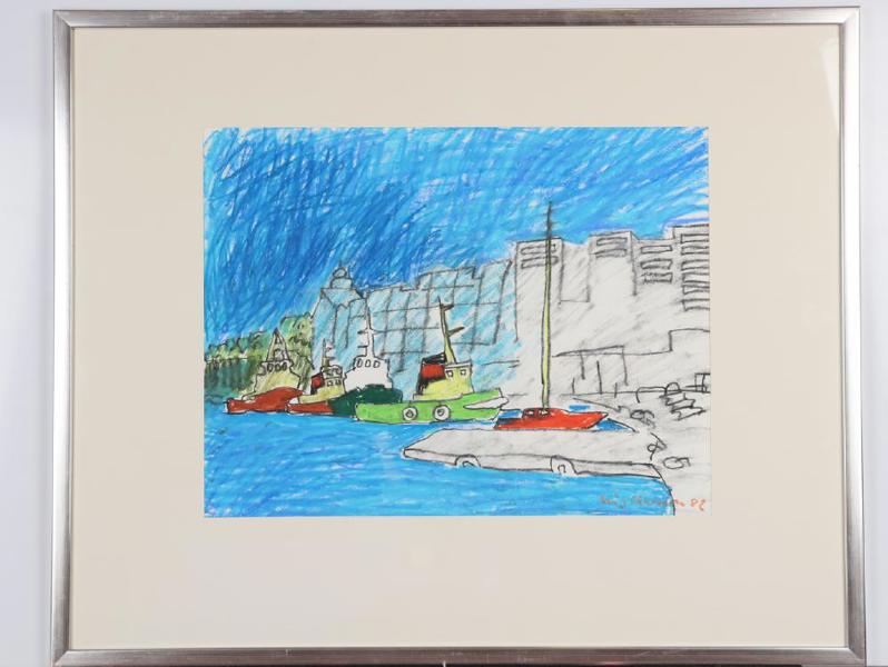 Stig Claesson "Slas", (1928-2008), Stockholmsbild, bogserbåtar, signerad -82, pastell, bildmått 40 x 52 cm_465a_8daf8a14981f6a9_lg.jpeg