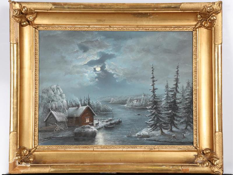 Oidentifierad konstnär, 1800-tal, skogslandskap med vattendrag och hus/vinterbild, signerad Aug E-N 1879, pastell, bildmått 35 x 48 cm_484a_8daf8a1632c867c_lg.jpeg