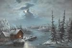 Oidentifierad konstnär, 1800-tal, skogslandskap med vattendrag och hus/vinterbild, signerad Aug E-N 1879, pastell, bildmått 35 x 48 cm