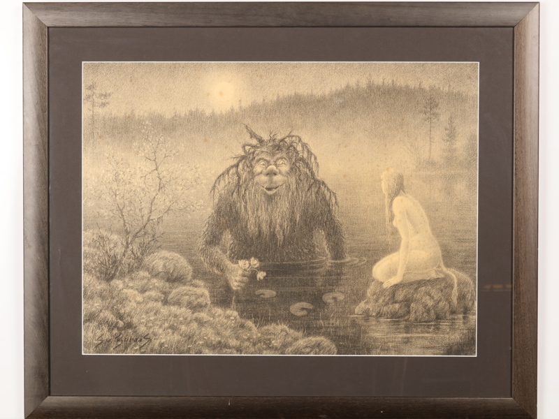 Svein Buraas, Norge, 1900-talets första hälft, sagomotiv med troll och skogsrå, signerad "S. BuraaS-", blandteknik, bildmått 46x62 cm_505a_8dafdf5ee51f3a3_lg.jpeg