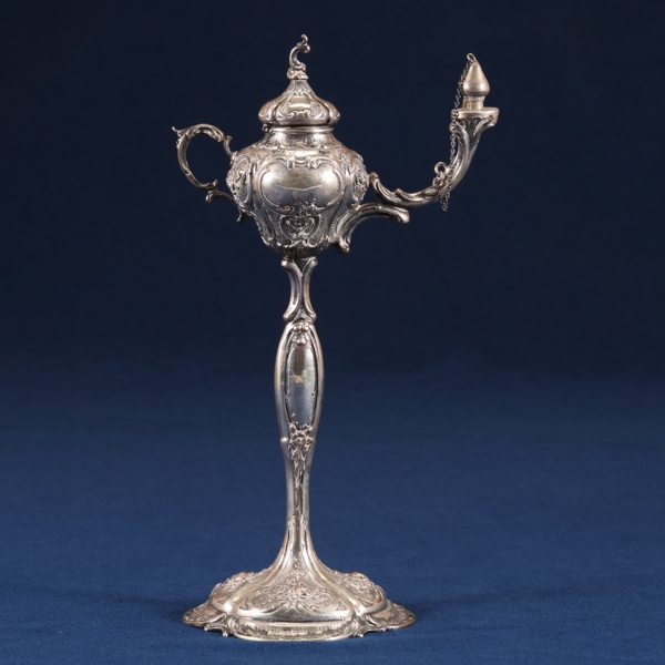 OLJELAMPA, silver, omkring 1900