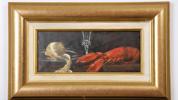 Gunilla Bardanzellu (1943-2014), stilleben med hummer, citron och glas, signerad, olja på duk, bildmått 12 x 28 cm
