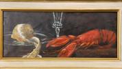 Gunilla Bardanzellu (1943-2014), stilleben med hummer, citron och glas, signerad, olja på duk, bildmått 12 x 28 cm