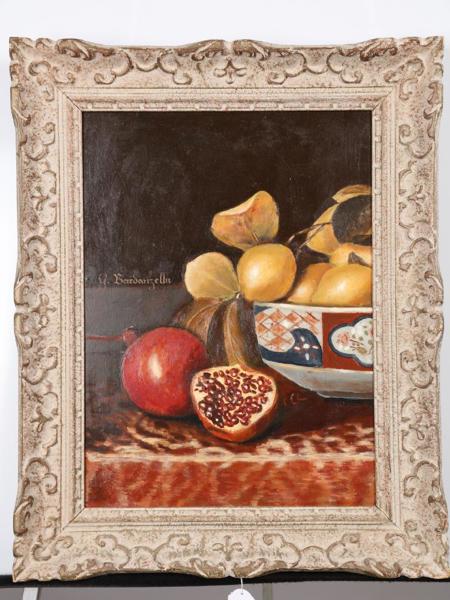 Gunilla Bardanzellu (1943-2014), stilleben med granatäpple samt frukter i Imariskål, signerad, olja på pannå, bildmått 50 x 37 cm_590a_8daf8a20524ed37_lg.jpeg