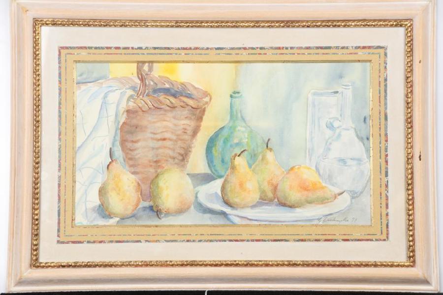 Gunilla Bardanzellu (1943-2014), stilleben med päron och flaska, signerad -97, akvarell, bildmått 26 x 48 cm_596a_8daf8a20c155d70_lg.jpeg