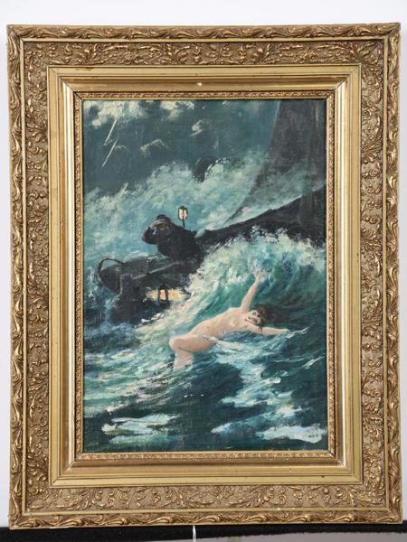 Oidentifierad konstnär, tidigt 1900-tal, fiskare och sjöjungfru, olja på duk, bildmått 33 x 23 cm_646a_8daf8a278e7a3d6_lg.jpeg