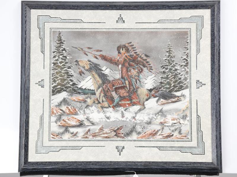 Bluehorse, (Gary Lee, USA, född 1957), indian till häst i vinterlandskap, signerad Bluehorse, blandteknik (Sandpaint), bildmått 40 x 50 cm_664a_8daf8a29396db1c_lg.jpeg