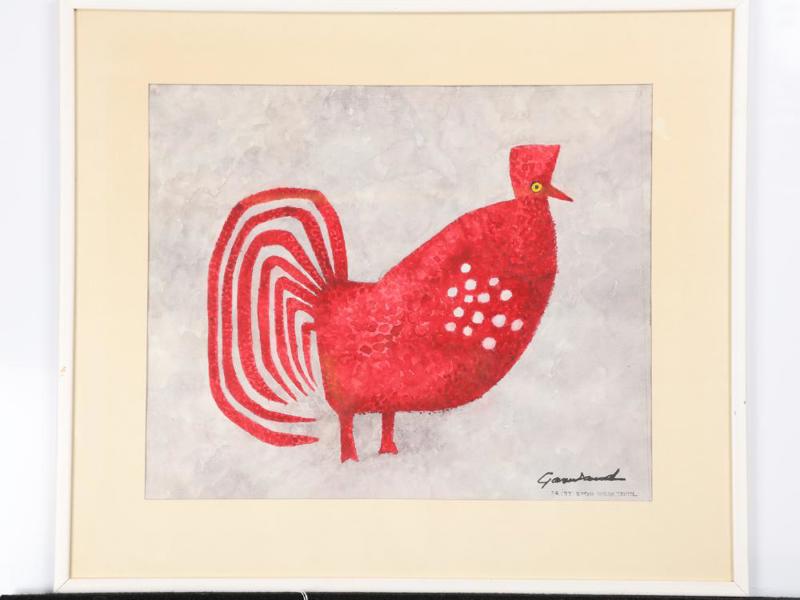 Harald Garmland (1904-1985), röd höna, fritt efter polsk textil, signerad, akvarell, bildmått 37 x 45 cm_784a_8daf8a341b47a1e_lg.jpeg