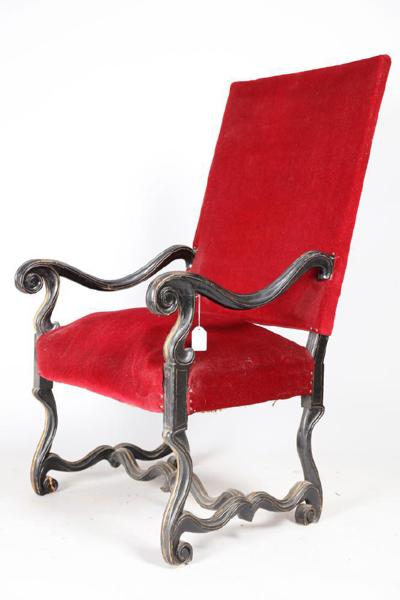 Karmstol, 1800-tal, Louis XIV-stil, skulpterat och svartmålat trä, röd sammetsklädsel _801a_8daf8a3521bbf92_lg.jpeg