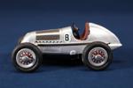 Leksaksbil, Schuco Studio 1050, Mercedes Benz, racerbil, silverfärgad, urverksdriven, längd 14 cm