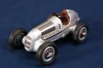 Leksaksbil, Schuco Studio 1050, Mercedes Benz, racerbil, silverfärgad, urverksdriven, längd 14 cm